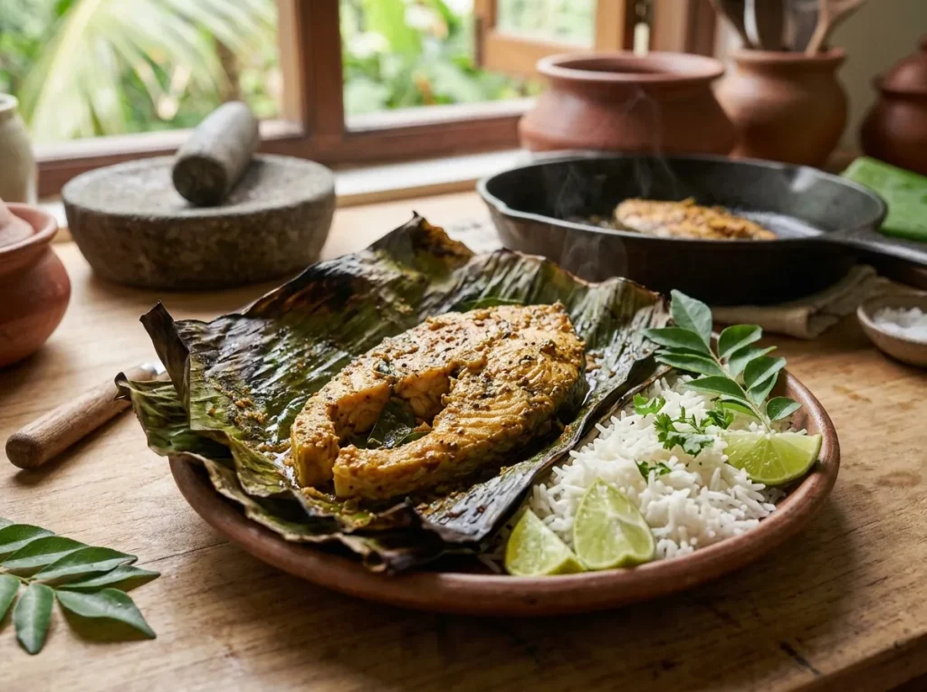 Cooked banana leaf fish recipe served with rice and lime