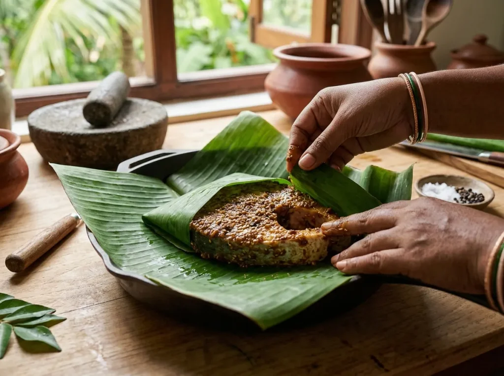 Spiced fish steak wrapped in banana leaves for banana leaf fish recipe