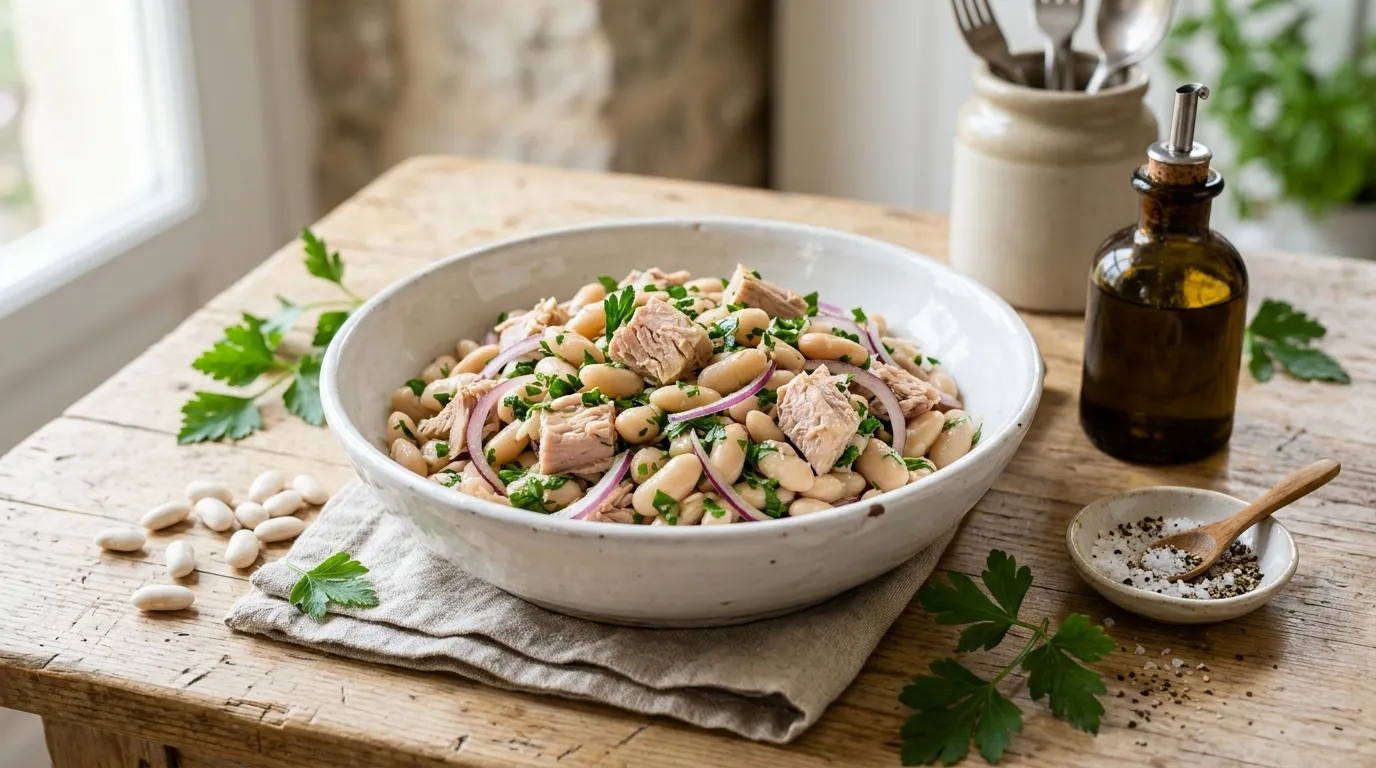 Bean and tuna salad with cannellini beans, red onion, and fresh parsley