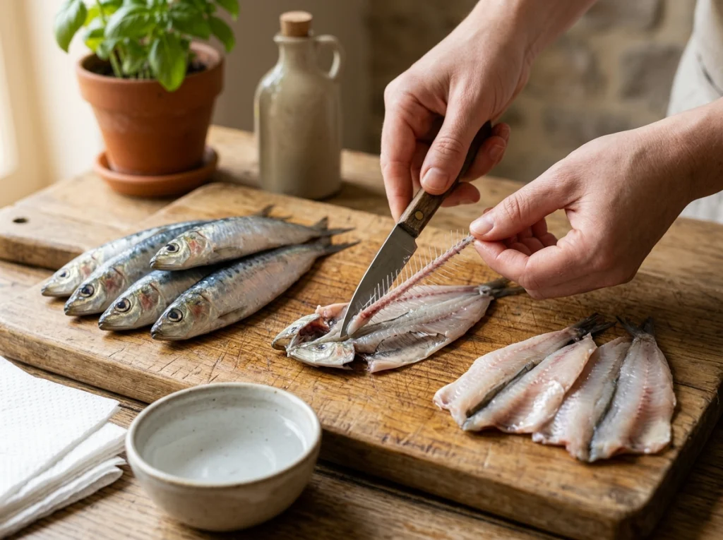Cleaning and deboning fresh sardines for beans and sardines recipe
