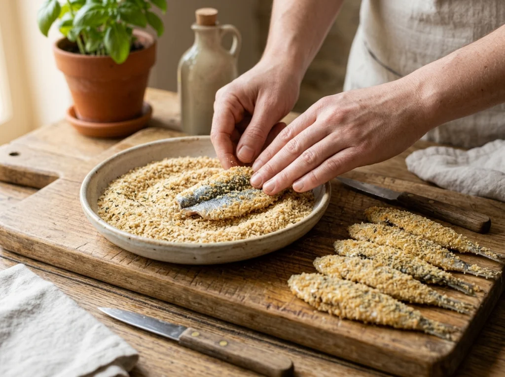 Fresh sardines coated with breadcrumbs for beans and sardines