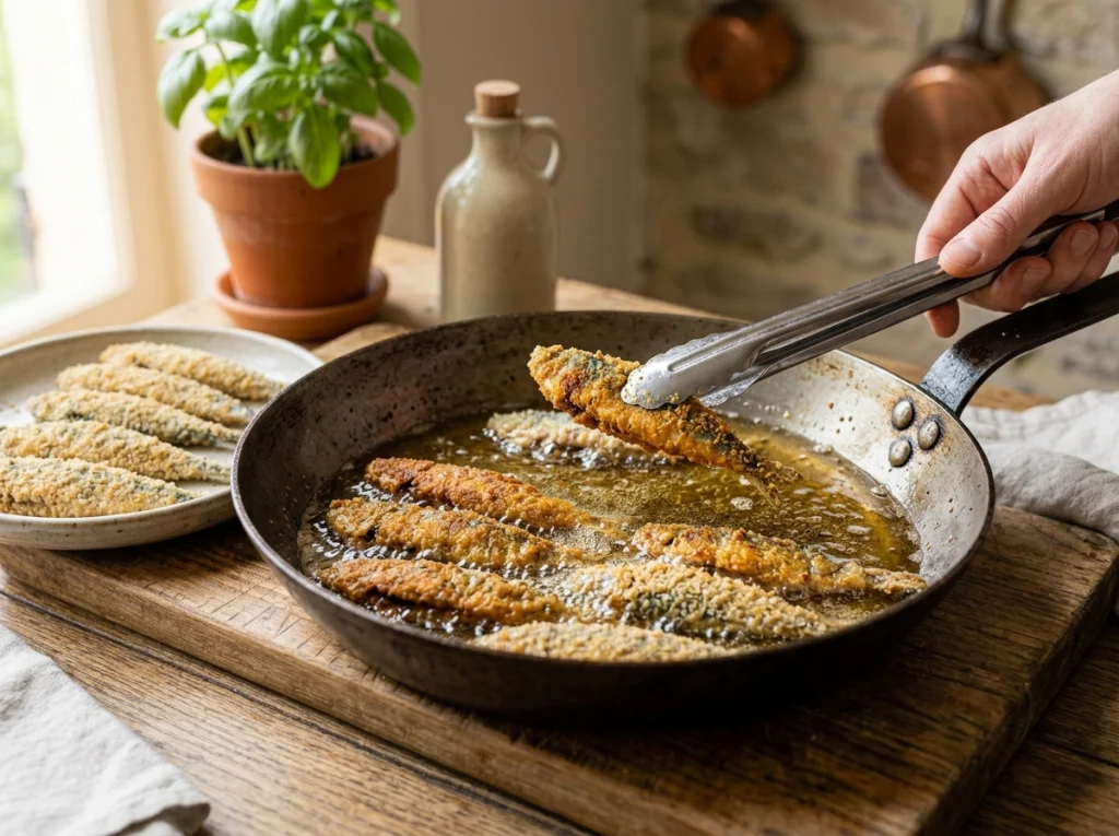 Breaded sardines frying until golden brown for beans and sardines
