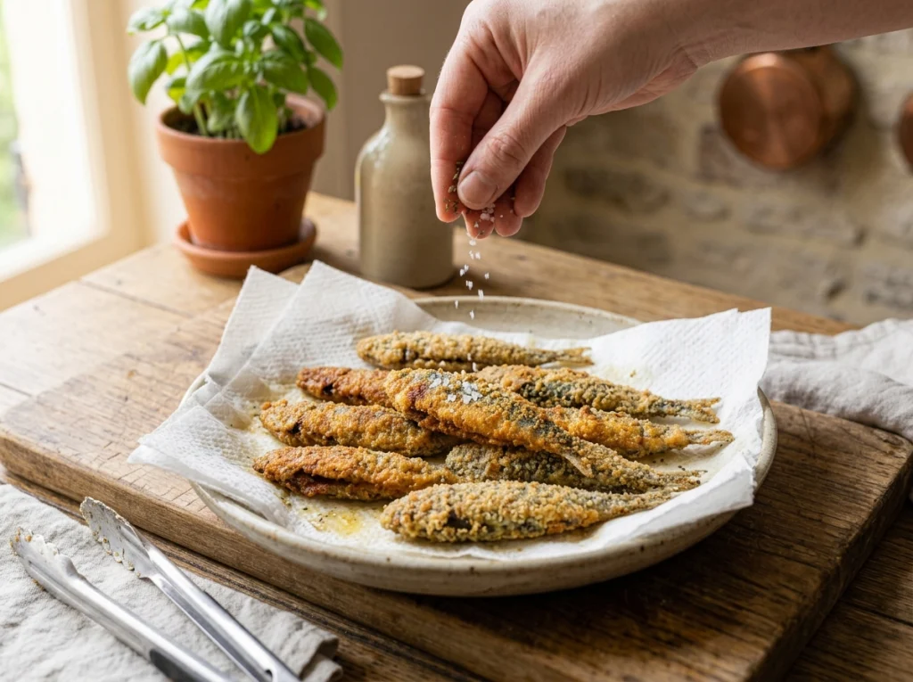 Golden fried sardines draining on paper towels before making beans and sardines