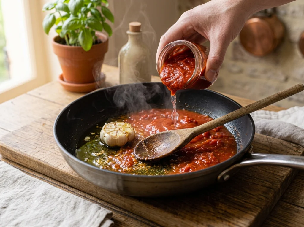 Garlic and tomato sauce simmering for beans and sardines