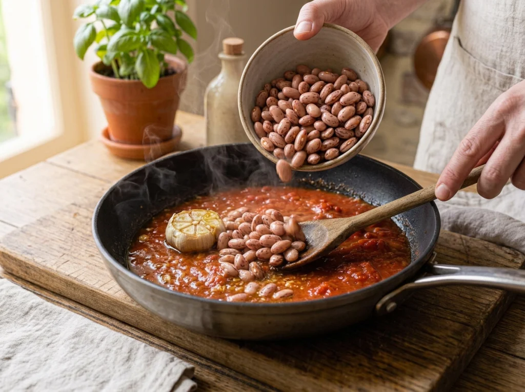 Borlotti beans simmering in tomato sauce for beans and sardines