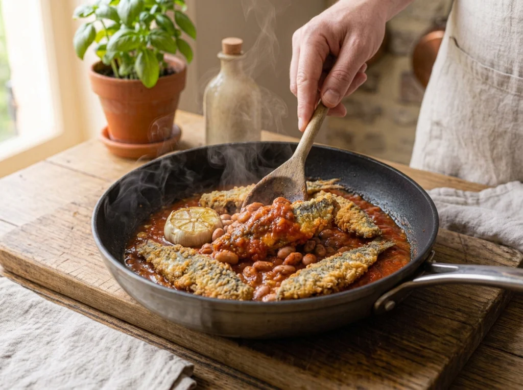 Crispy sardines combined with borlotti beans and tomato sauce