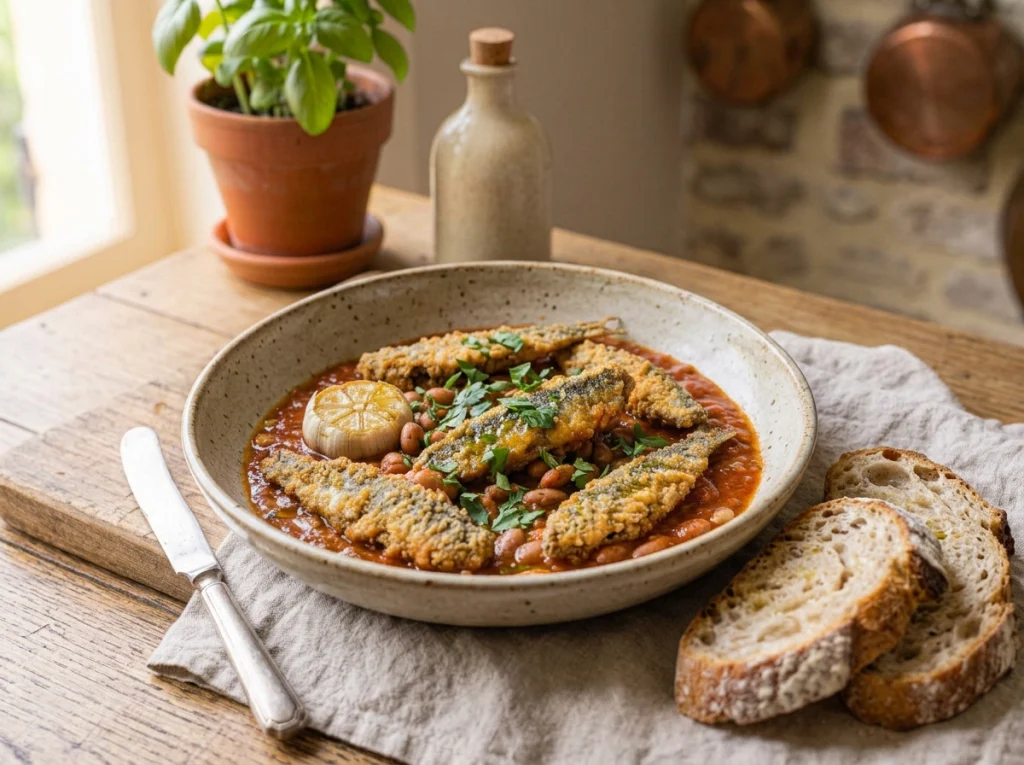 Beans and sardines served hot with tomato sauce and crusty bread