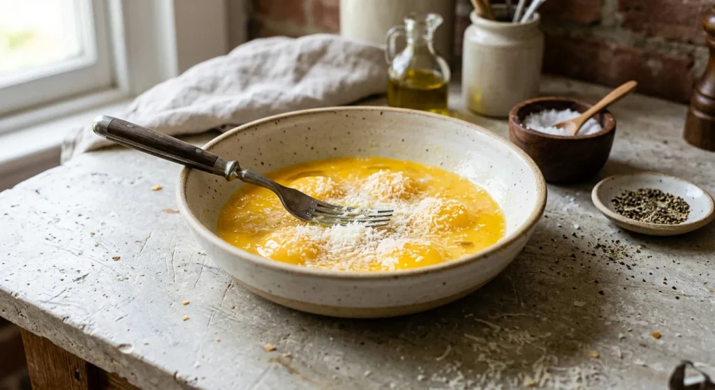 Beaten eggs and grated Parmesan cheese for a fava bean omelette
