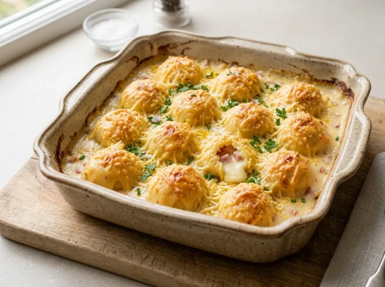 Bechamel Potatoes with ham, cheese, and creamy béchamel sauce