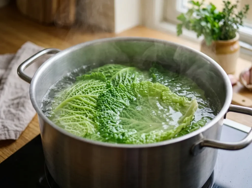 Savoy cabbage leaves blanching in boiling salted water