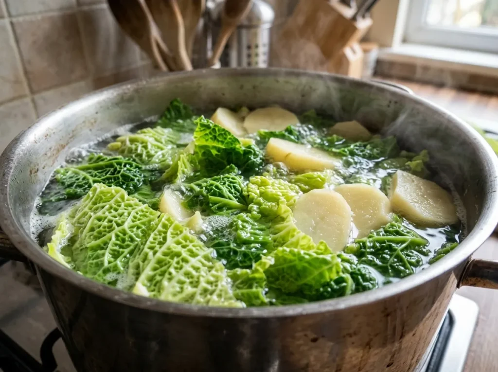 Savoy cabbage and potato slices boiling in salted water