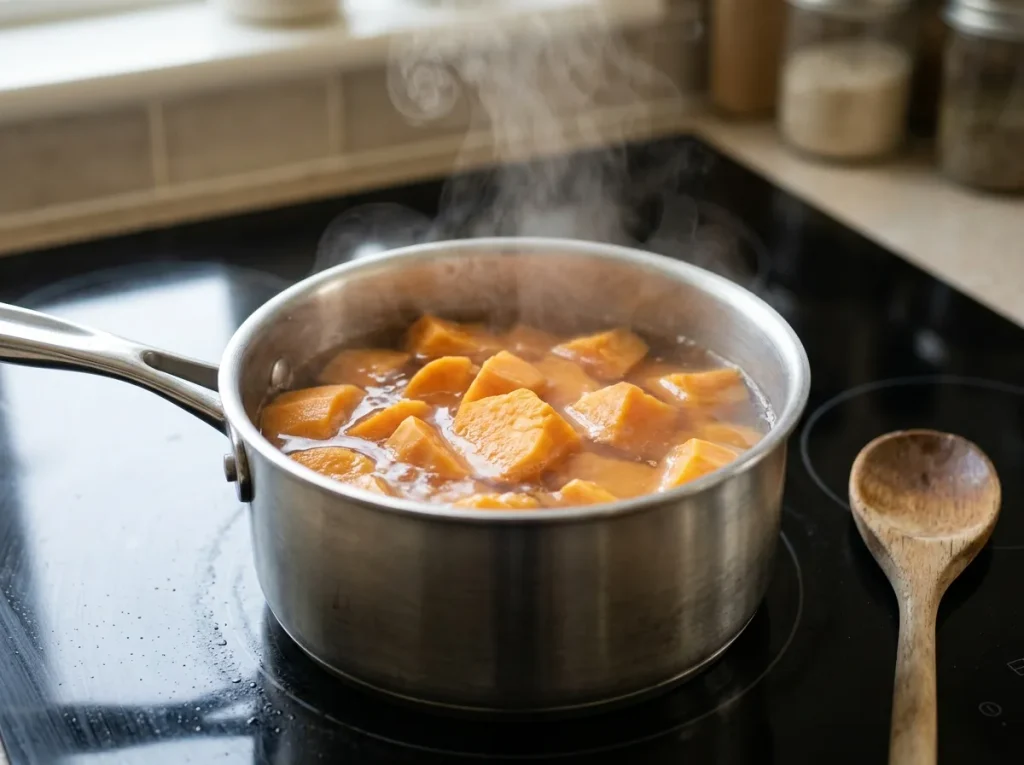 Boiling sweet potatoes in a pot until tender