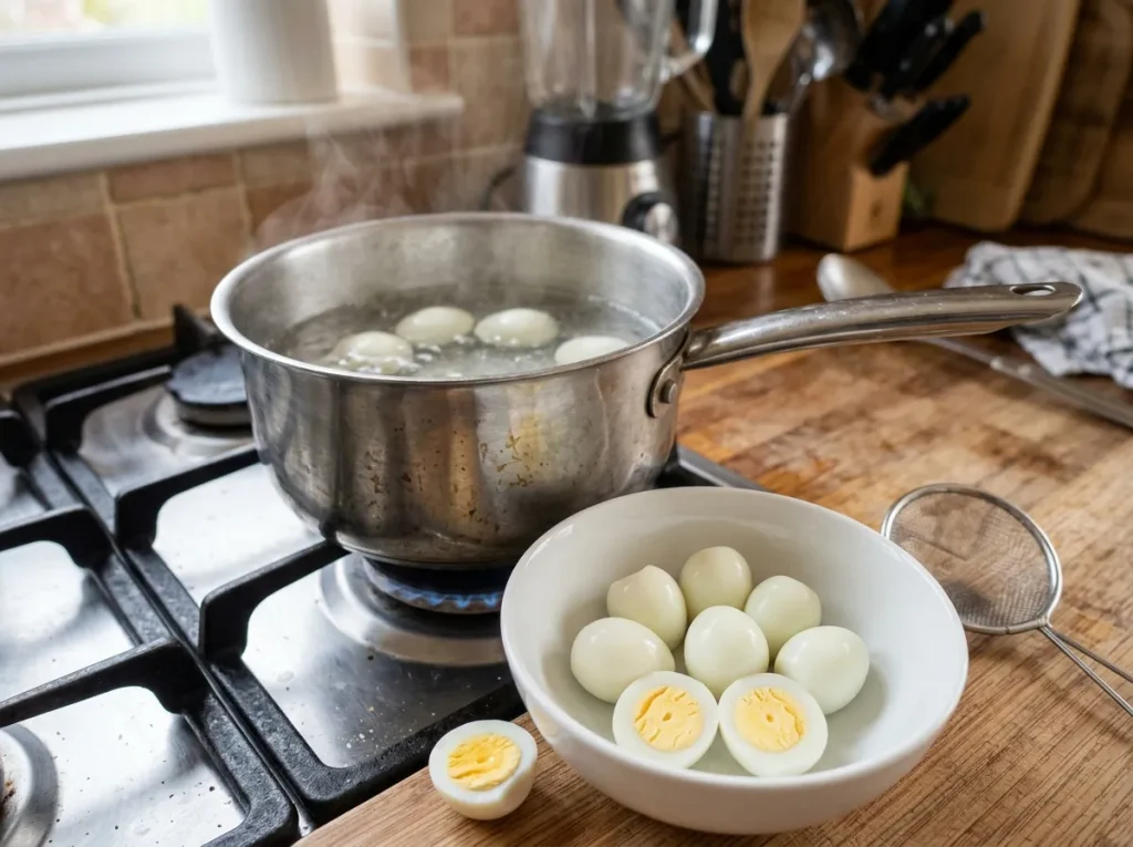 Boiled quail eggs prepared for creamy chicken noodles