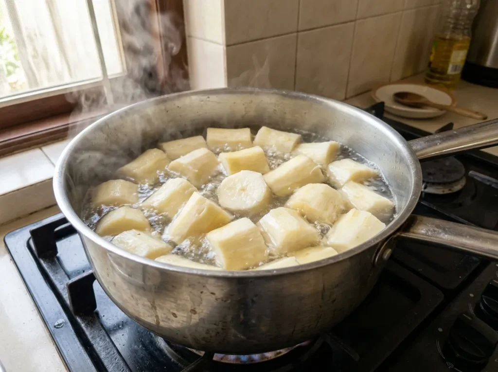 Peeled cassava pieces boiling in a pot