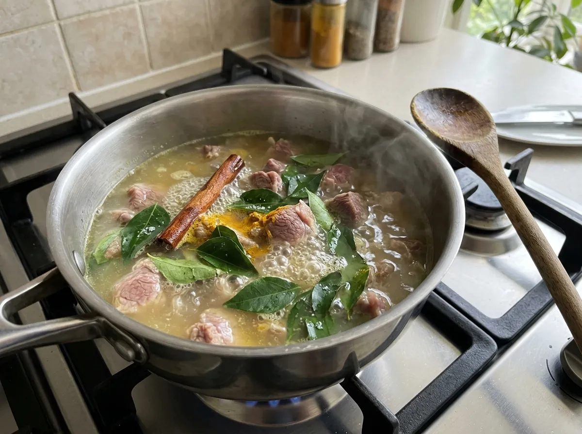 Boiling boneless mutton with curry leaves, cinnamon and turmeric