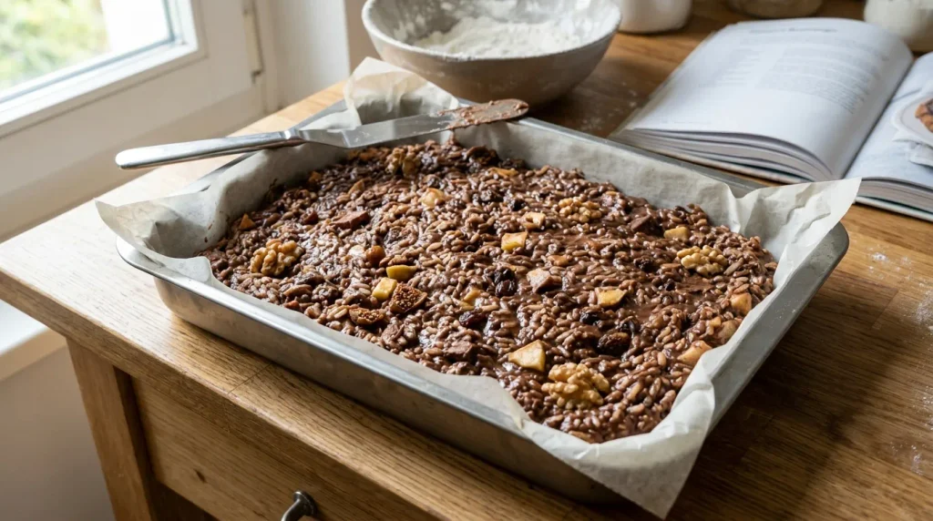 Bostrengo cake batter spread in a parchment-lined rectangular baking pan.