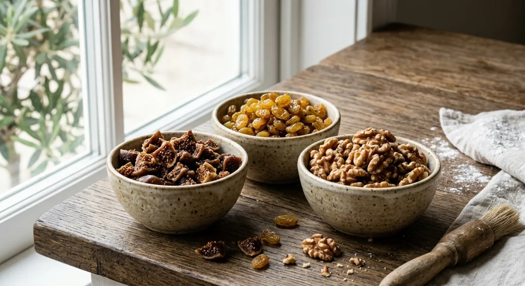 Dried figs, raisins, and walnuts for Italian Bostrengo cake.