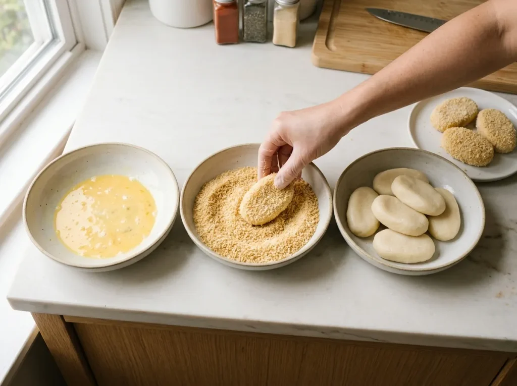 Cassava cheese cutlets coated with egg and breadcrumbs