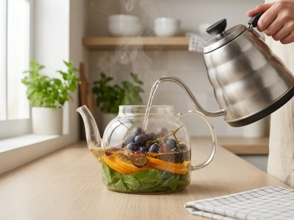 Pouring hot boiling water from a kettle over fresh fruits and herbs in a teapot to brew orange grape mint tea.
