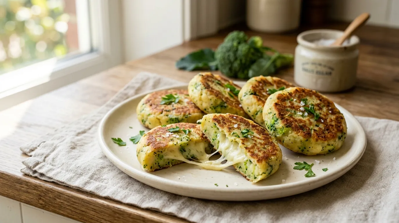 Broccoli and potato mini flatbreads filled with melted mozzarella cheese