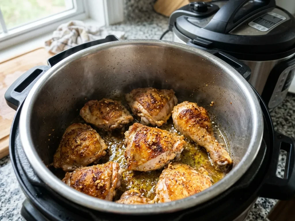 Chicken pieces browning in olive oil in a pressure cooker
