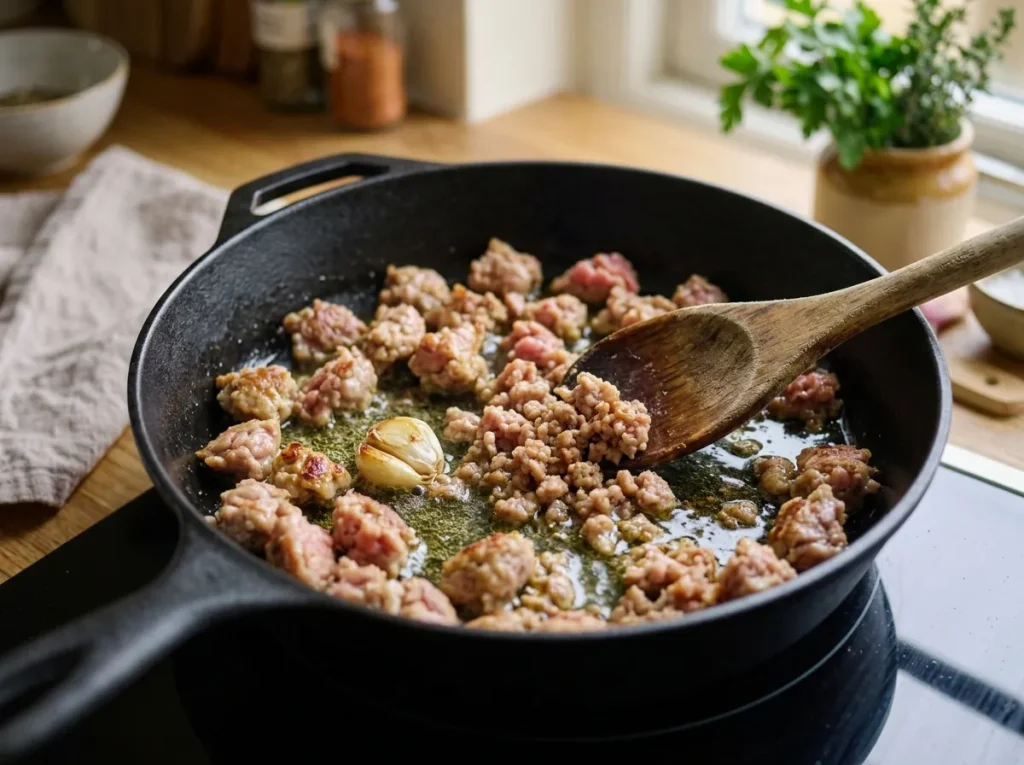 Crumbled Italian sausage browning with garlic and olive oil
