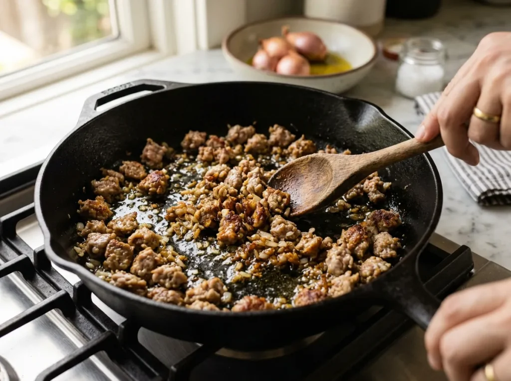 Browning Italian sausage in a pan for creamy asparagus sausage pasta