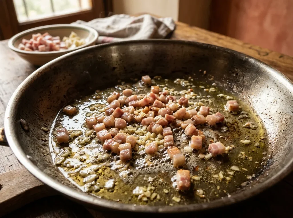 Diced pancetta and chopped garlic browning in a skillet