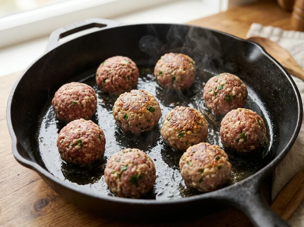 Italian meatballs browning in olive oil in a skillet