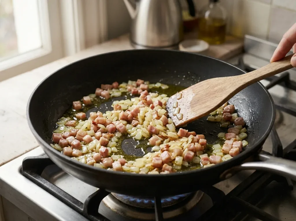 Diced smoked bacon browning with sautéed onion in a frying pan