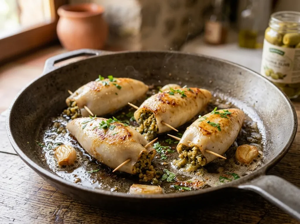 Stuffed calamari browning with garlic in extra-virgin olive oil