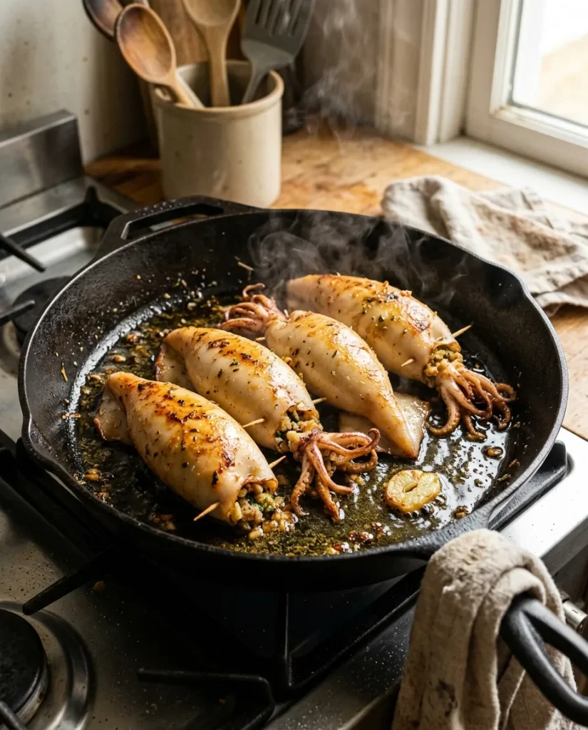 Browning stuffed calamari in olive oil and garlic