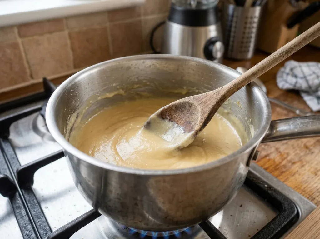 Mixing butter and flour to make white sauce for Creamy White Sauce Noodles