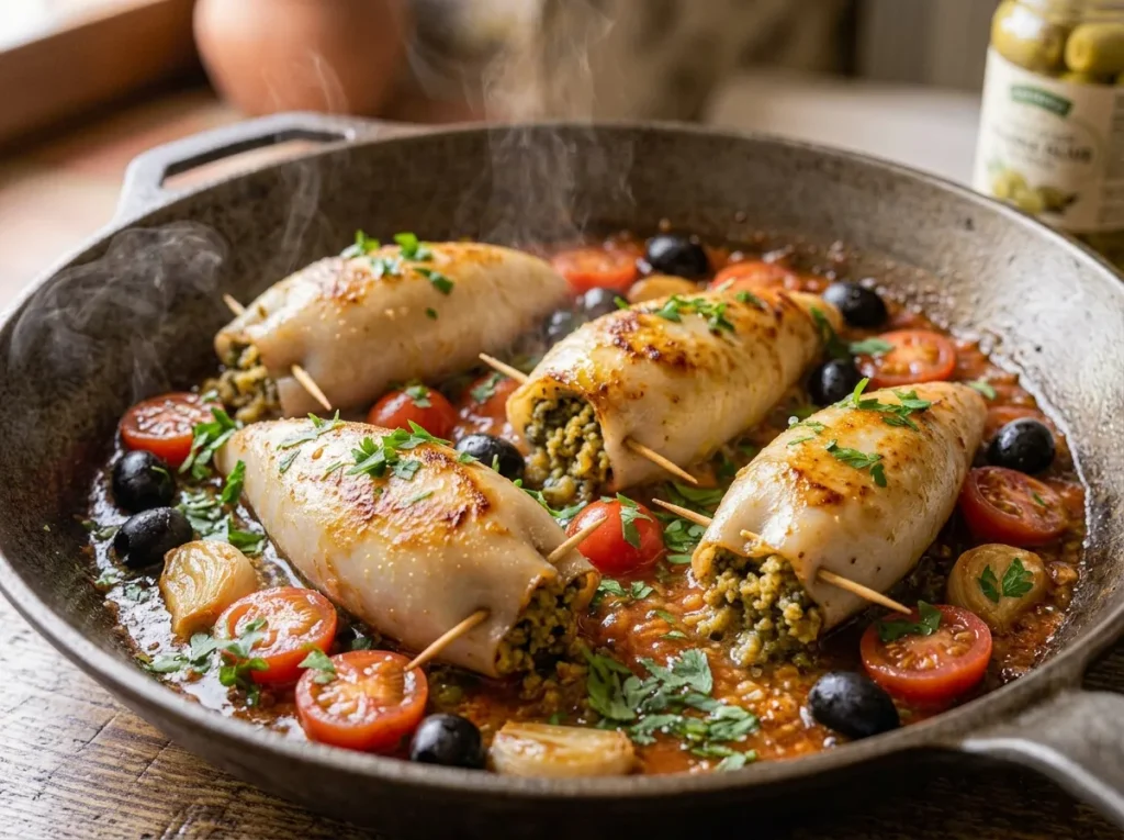 Stuffed calamari in cherry tomato sauce with black olives and fresh parsley