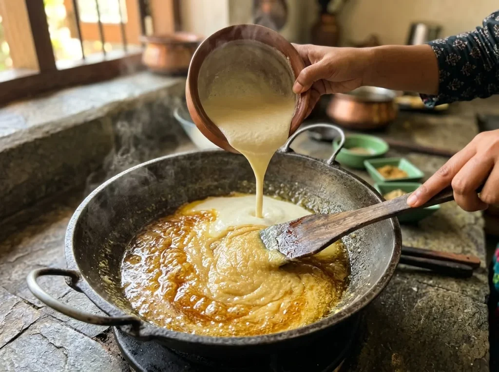 Pouring milk-soaked semolina into a bubbling caramel ghee base in a heavy wok while stirring Caramel Halwa.