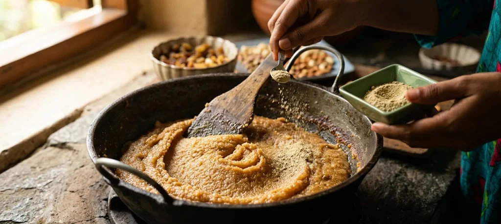 Sprinkling ground cardamom powder over cooking Caramel Halwa as it thickens and pulls away from the pan.