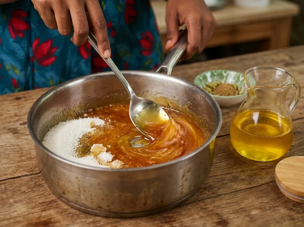 Granulated sugar melting into a rich golden-amber caramel with ghee in a pan for Caramel Halwa.