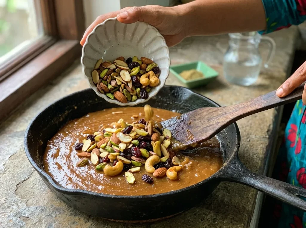 Folding golden roasted nuts and dried raisins into warm, glossy Caramel Halwa using a wooden spatula.