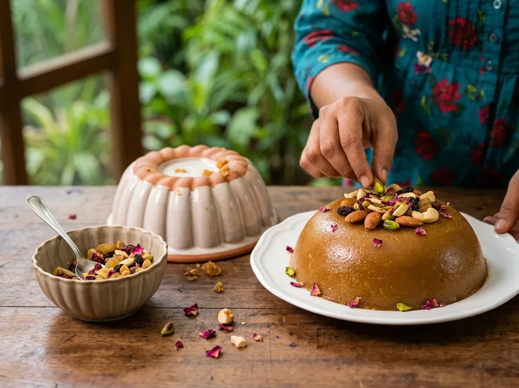 Placing roasted nuts on a molded dome of homemade Caramel Halwa served on a white ceramic plate.