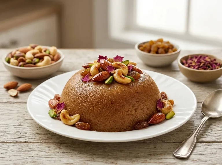 Featured hero photo of a rich Caramel Halwa dome on a white ceramic plate garnished with pistachios, almonds, cashews, raisins, and dried rose petals.