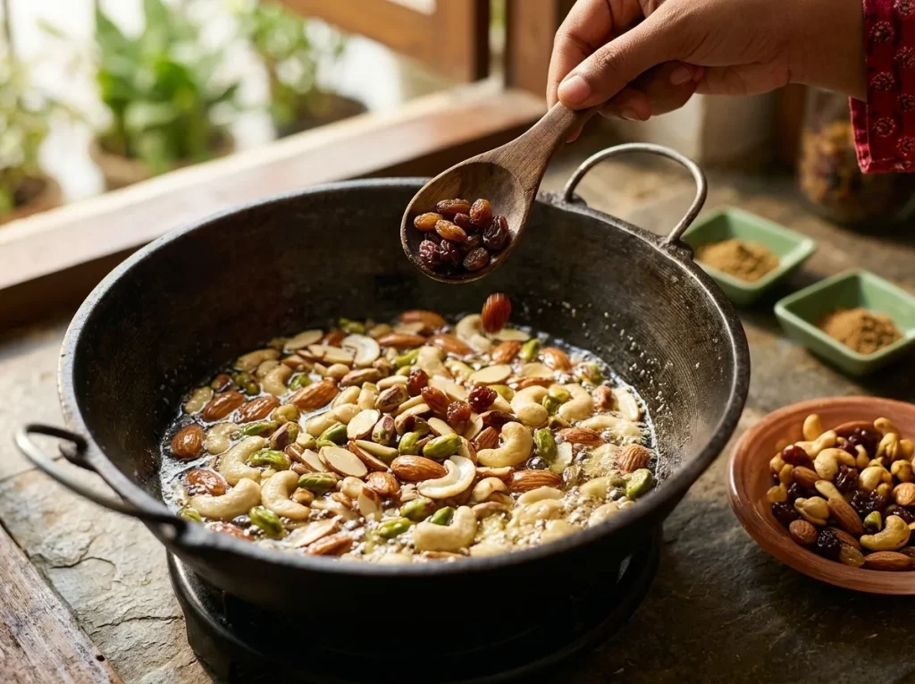 Slivered almonds, pistachios, cashews, and raisins frying in melted ghee for a Caramel Halwa recipe.