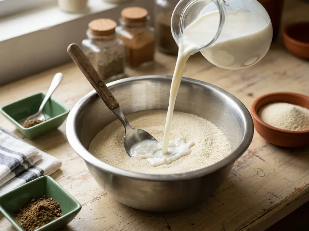 Fresh milk being poured over semolina in a stainless steel bowl to prepare the soaked base for Caramel Halwa.