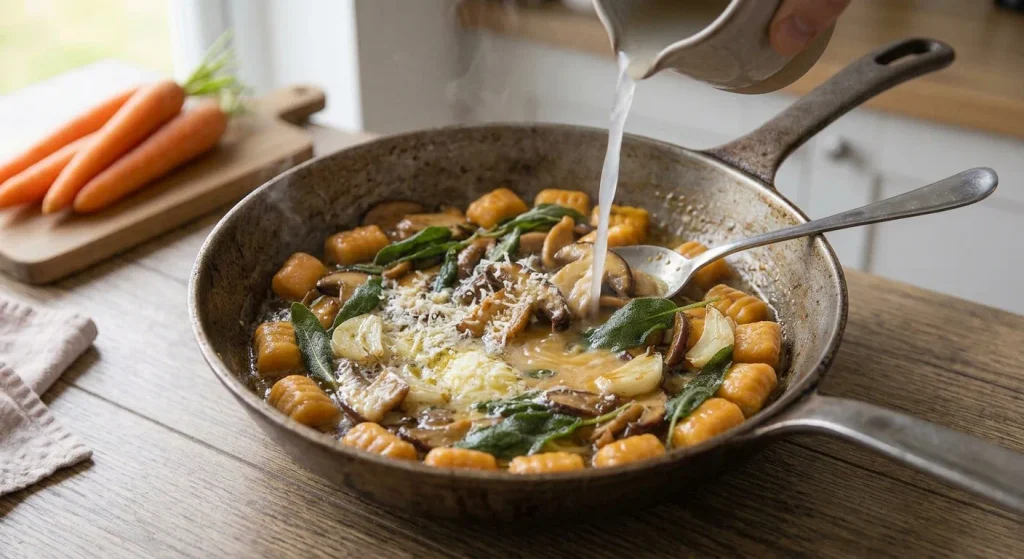 Carrot gnocchi tossed with porcini mushrooms and sage sauce