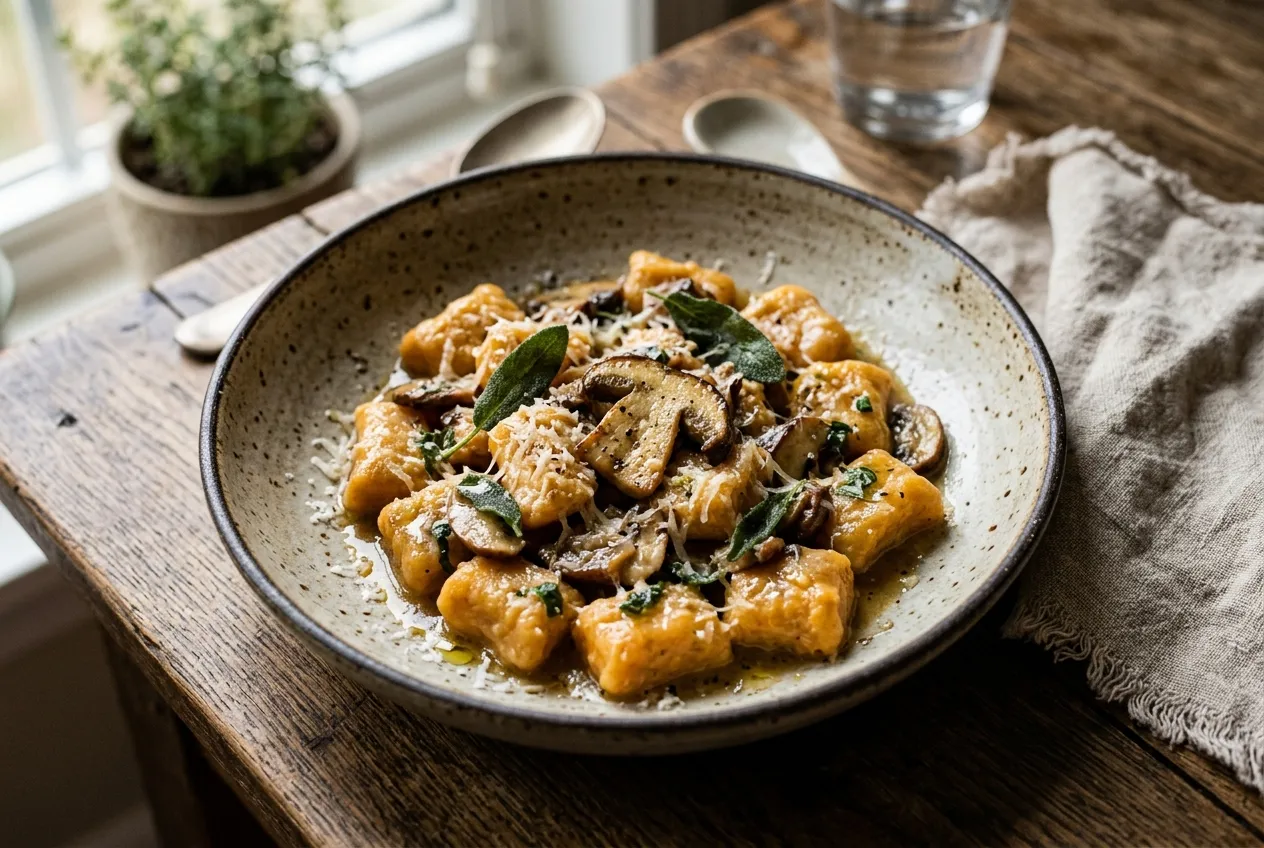 Homemade carrot gnocchi with porcini mushrooms, sage, butter, and Parmesan cheese