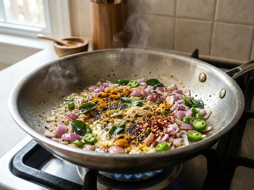 Red onion, green chilies, curry leaves, and spices sautéed for cassava cutlets