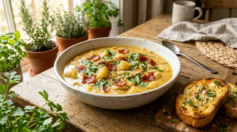 Cassava soup with chicken and pepperoni garnished with fresh cilantro