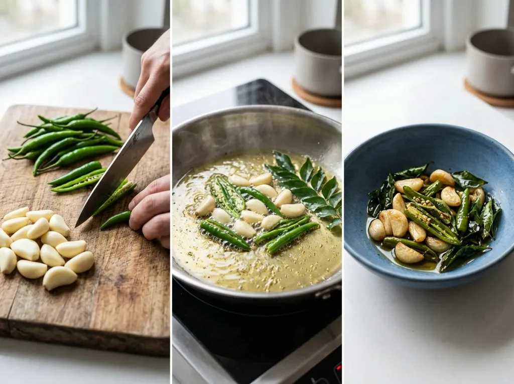 Garlic cloves, green chilies and curry leaves flash-fried for Sri Lankan Cauliflower Devilled