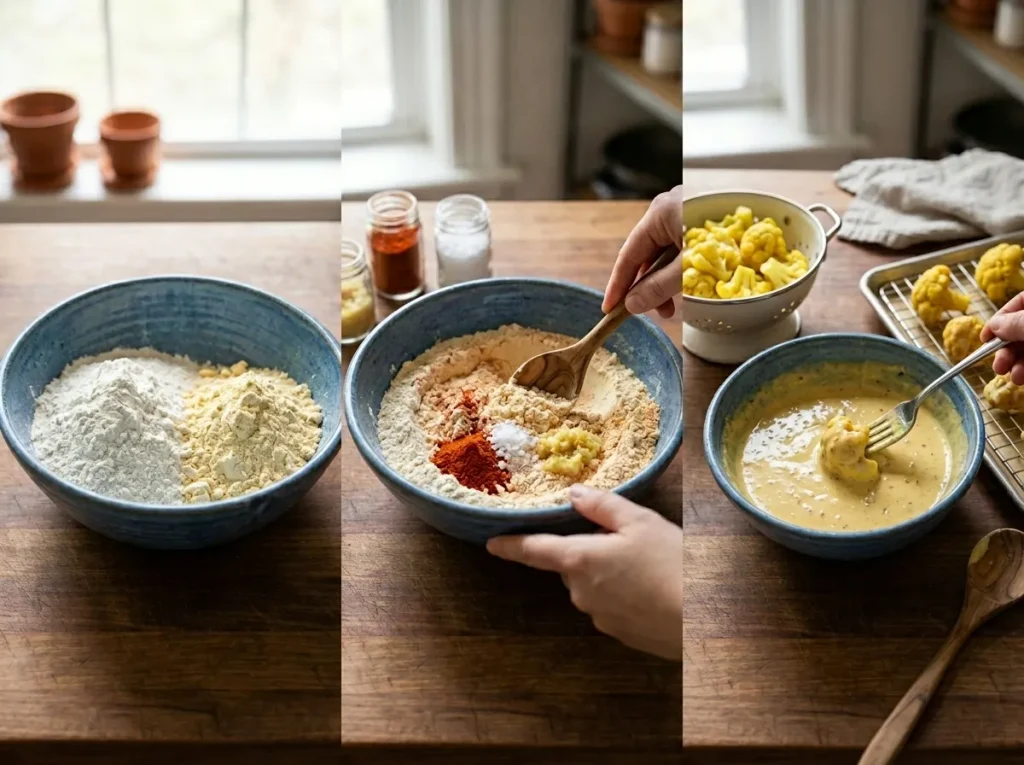 Cauliflower florets coated in seasoned gram flour and all-purpose flour batter