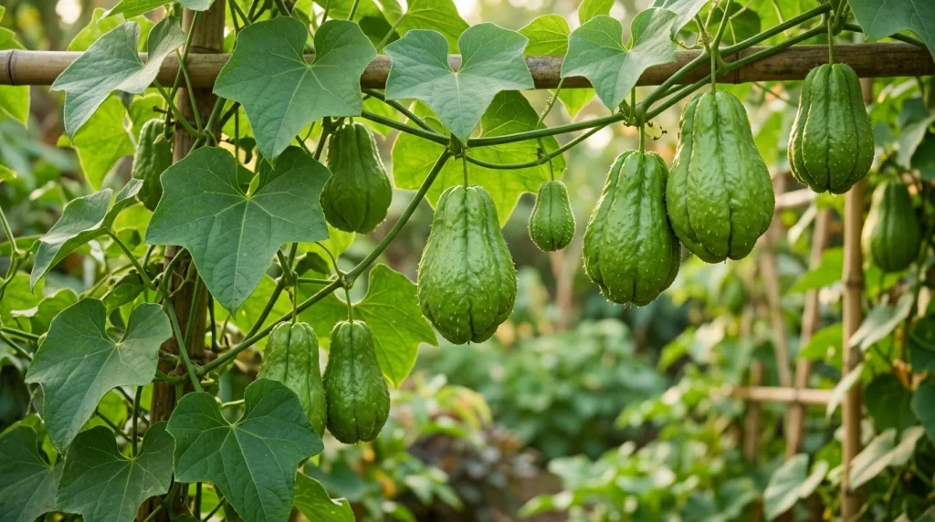 Chayote growing on a green vine in the garden