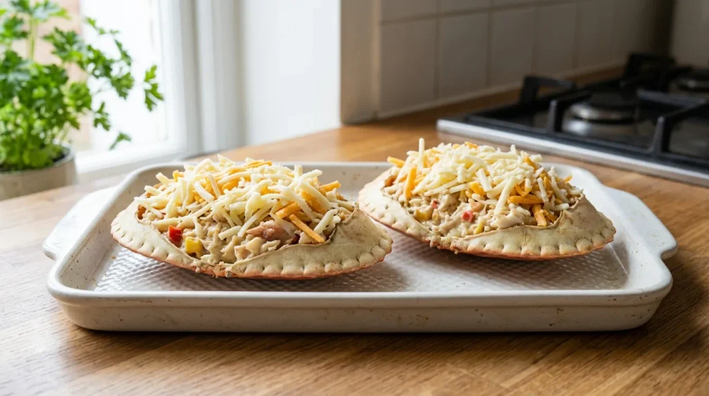Crab shells filled with creamy crab mixture and grated cheese before baking